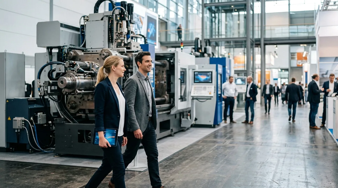 Messestand mit Tablet auf einem Stehtisch, auf dem Bildschirm dreht sich ein 3D-Modell einer Industriemaschine