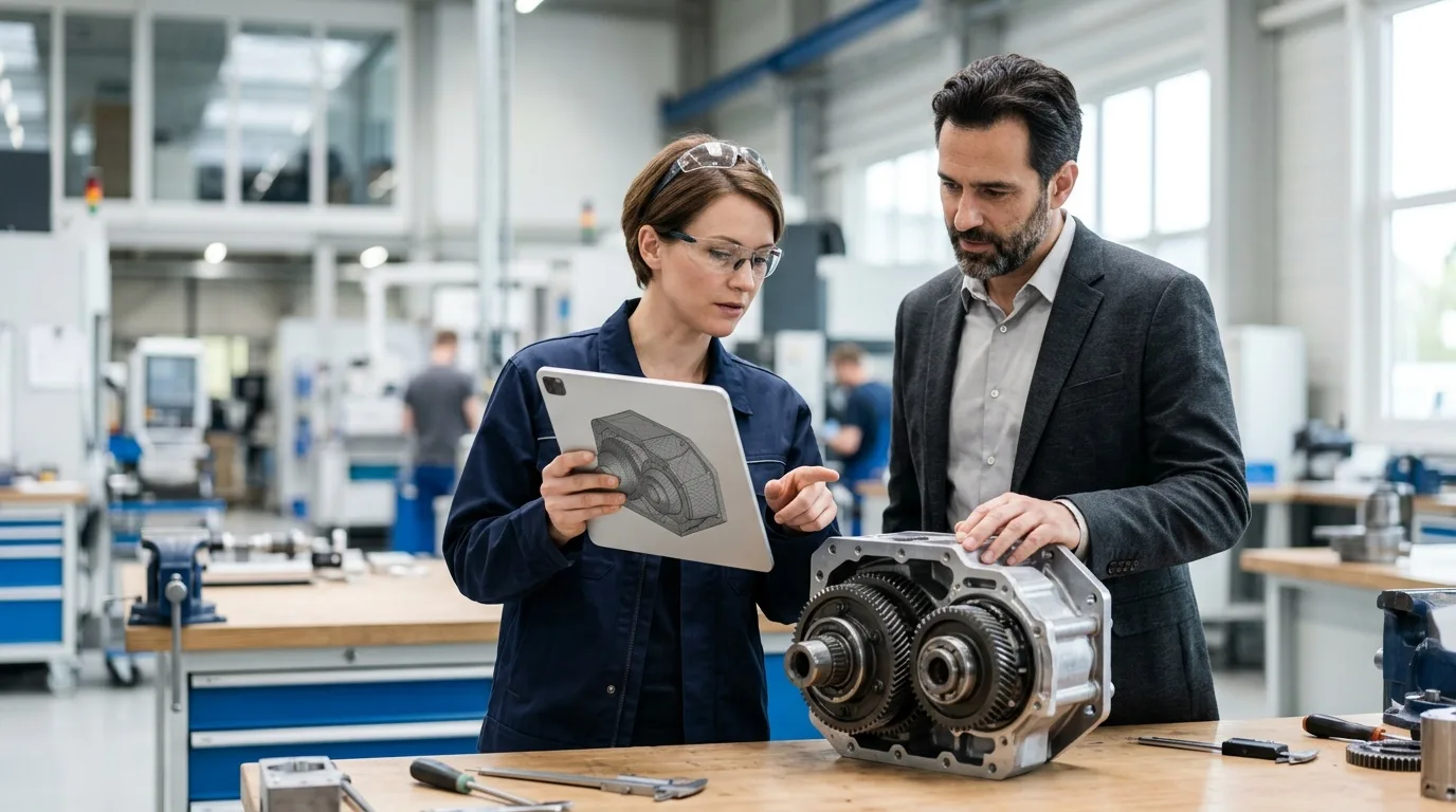 Ein Ingenieur und eine Projektleiterin prüfen an einer Werkbank ein Getriebeteil, daneben ein Tablet mit einem abstrakten 3D-Modell