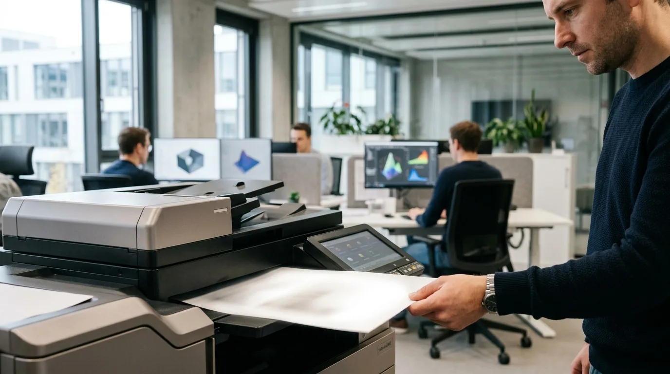 Ausgedrucktes Angebots-PDF mit Firmenlogo, Stückliste und Produktabbildung neben einem Laptop mit 3D-Konfigurator