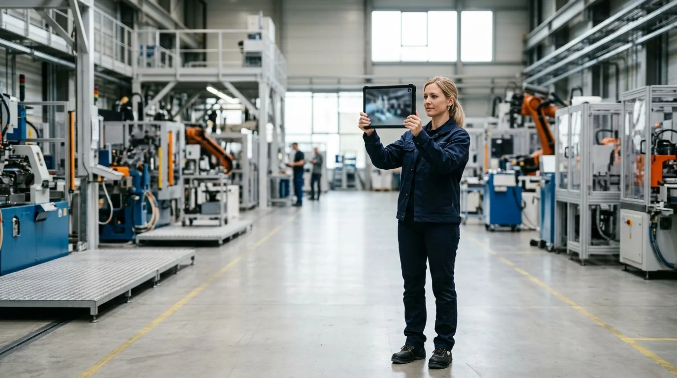 Ein Tablet wird in einer Industriehalle vor eine freie Bodenfläche gehalten, auf der ein virtuelles Maschinenmodell erscheint