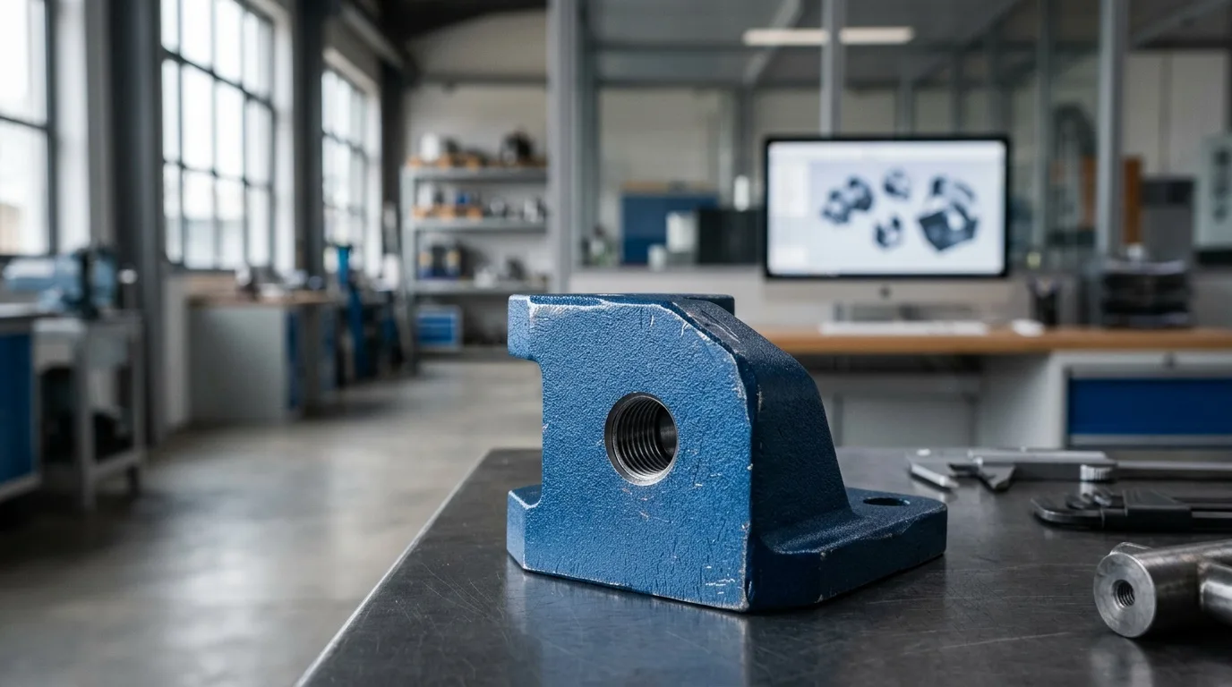 Nahaufnahme eines glänzend pulverbeschichteten Maschinenbauteils in einem 3D-Viewer mit weichem Studiolicht und Kontaktschatten