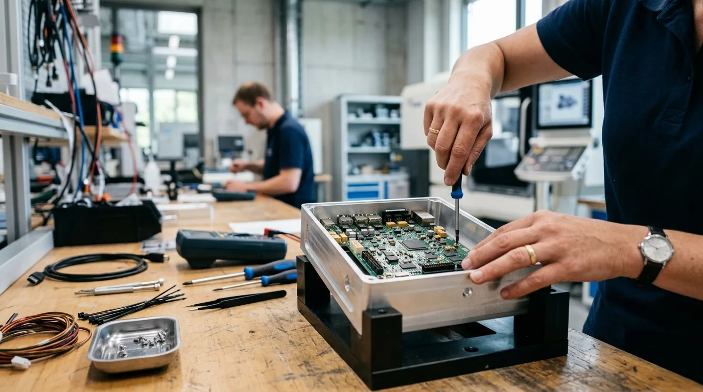 Geöffneter Industrie-Schaltschrank mit Hutschienen, Reihenklemmen und sauber verlegten Kabelkanälen in einer hellen Fertigungshalle