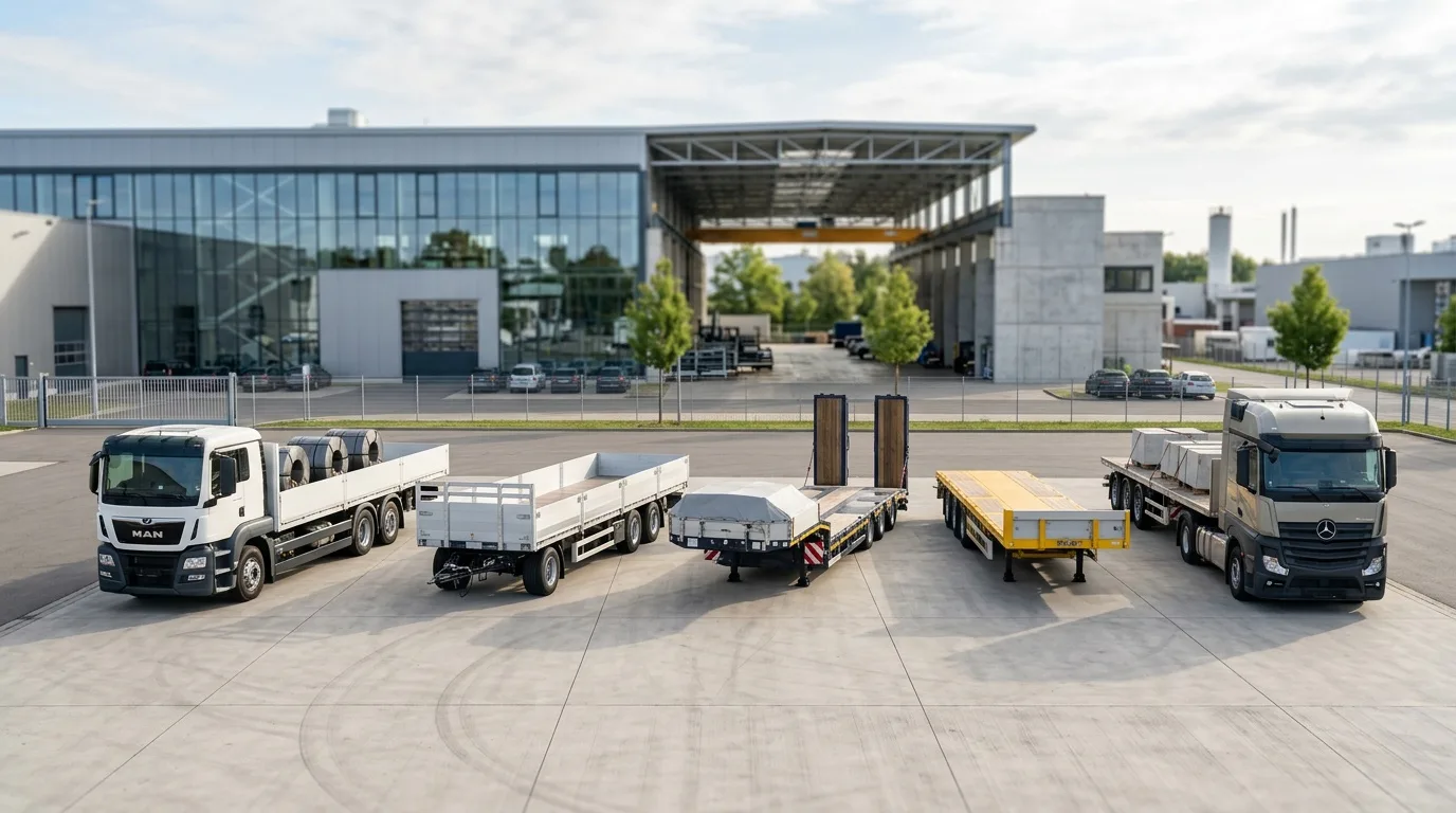 Offener Pritschenanhänger mit Alu-Bordwänden auf einem Betriebshof, im Hintergrund ein Transporter mit Kofferaufbau