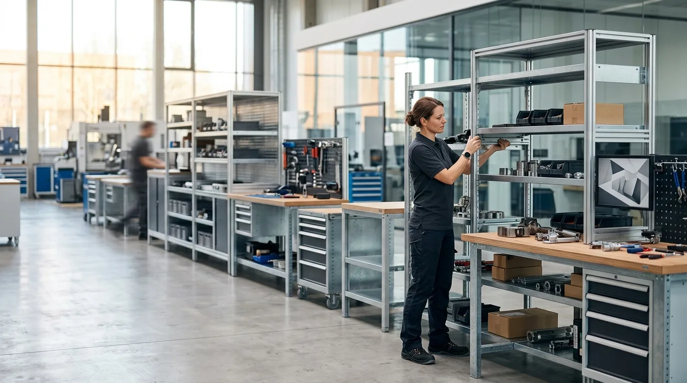 Modern eingerichtete Werkstatt mit einer Werkbank aus Stahl, darüber ein Lochwandsystem und links ein Schwerlastregal mit mehreren Fachböden
