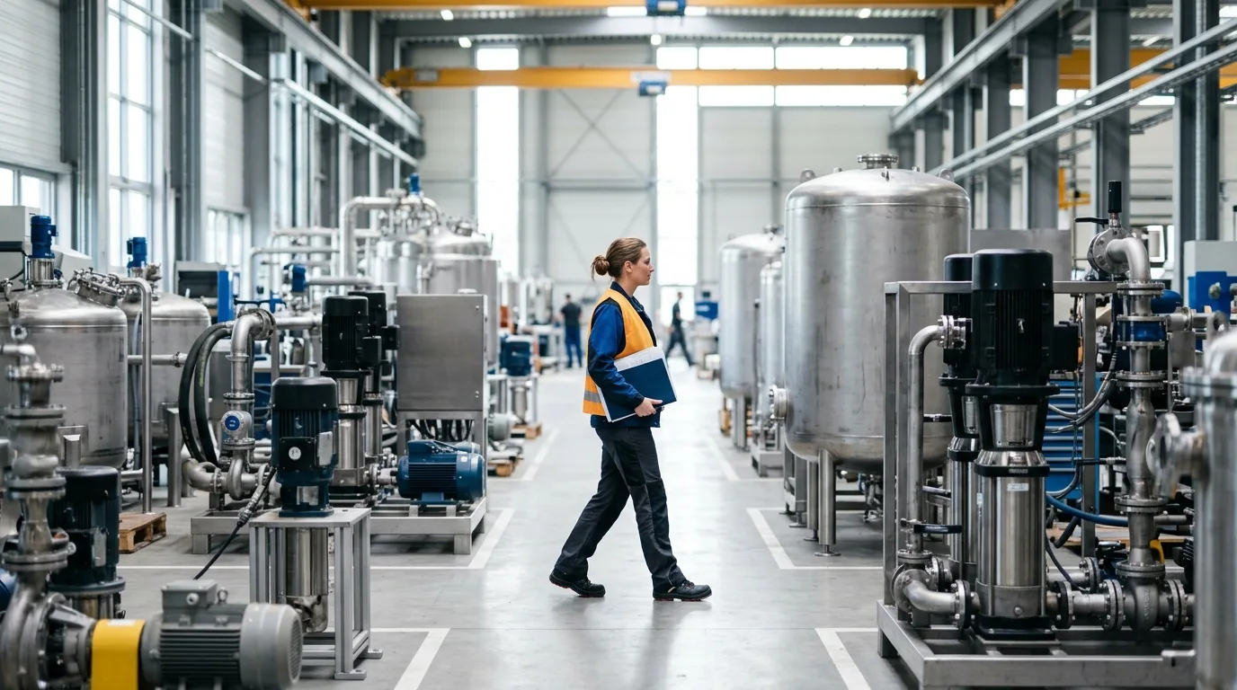 Edelstahlbehälter mit Rührwerk und angeflanschten Armaturen in einer Prozessanlage, davor Rohrleitungen mit Absperrventilen