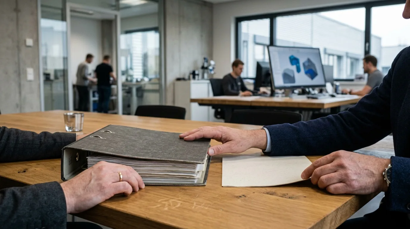 Ein aufgeschlagenes technisches Dokument neben einem Bauteil und einem Messschieber auf einem Werkstatttisch