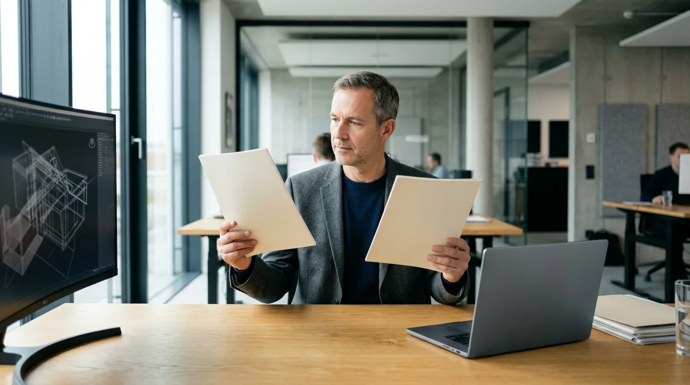 Einkäufer vergleicht an einem hellen Schreibtisch zwei geschlossene Produktbroschüren ohne Aufschrift, daneben liegt ein zugeklappter Laptop