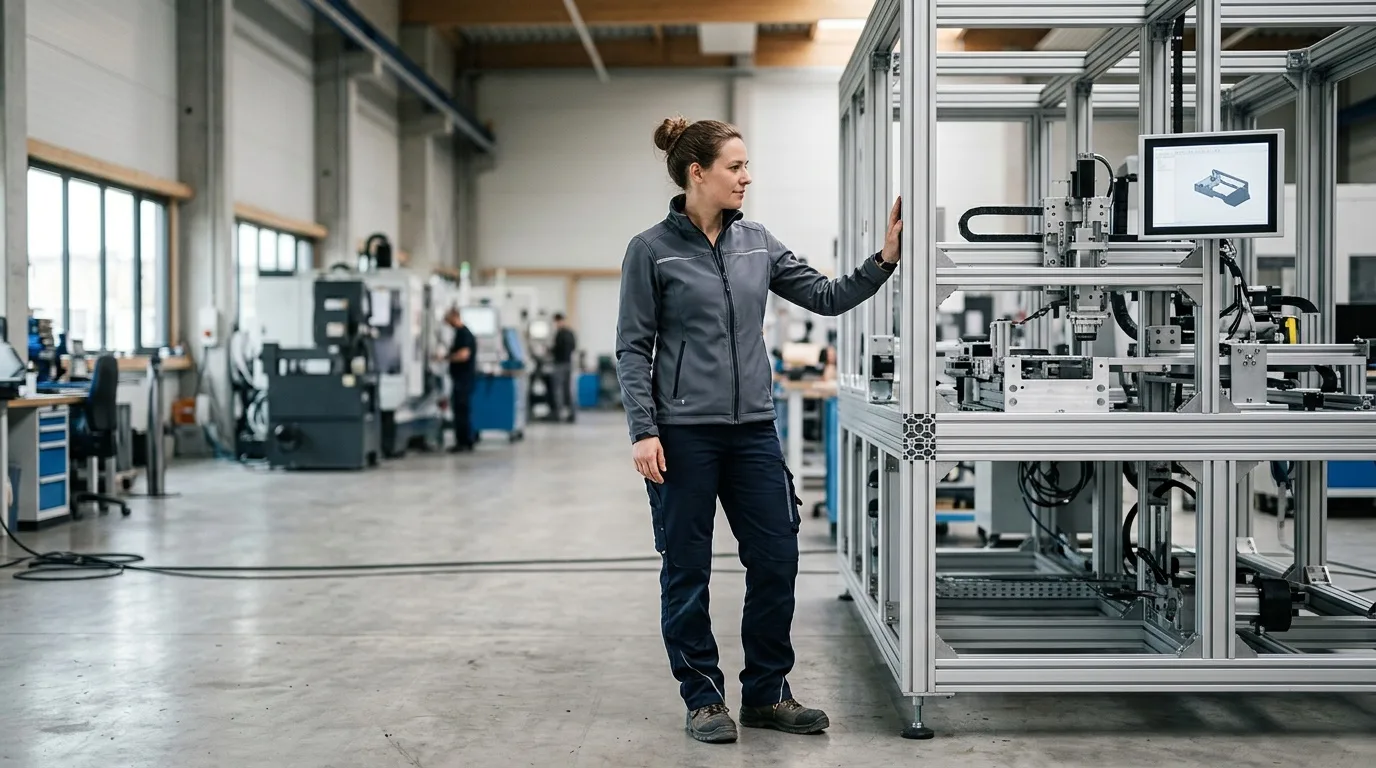 Ingenieur steht neben einem großen modularen Maschinengestell in einer hellen Produktionshalle
