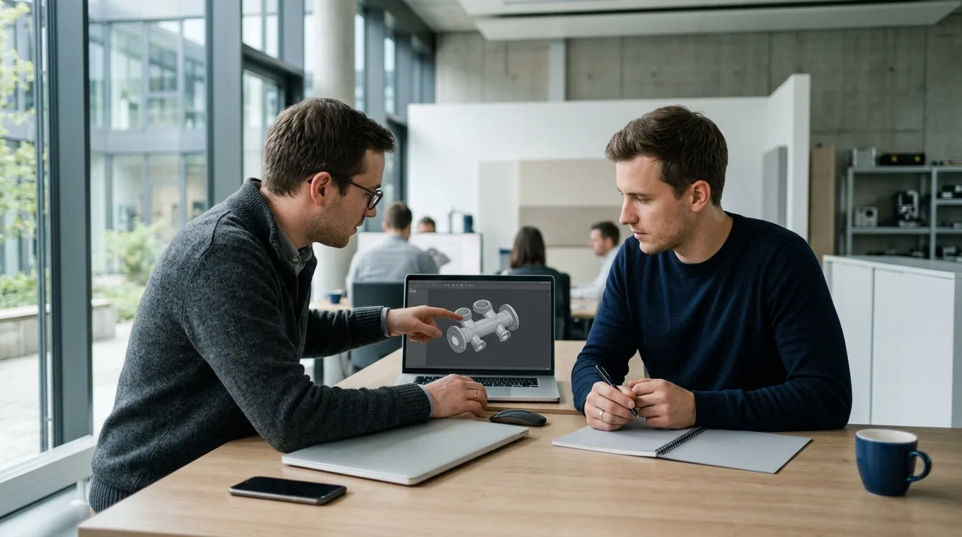 Zwei Ingenieure vergleichen an einem hellen Schreibtisch Softwareoptionen, auf dem Laptop ist ein abstraktes 3D-Bauteil zu sehen