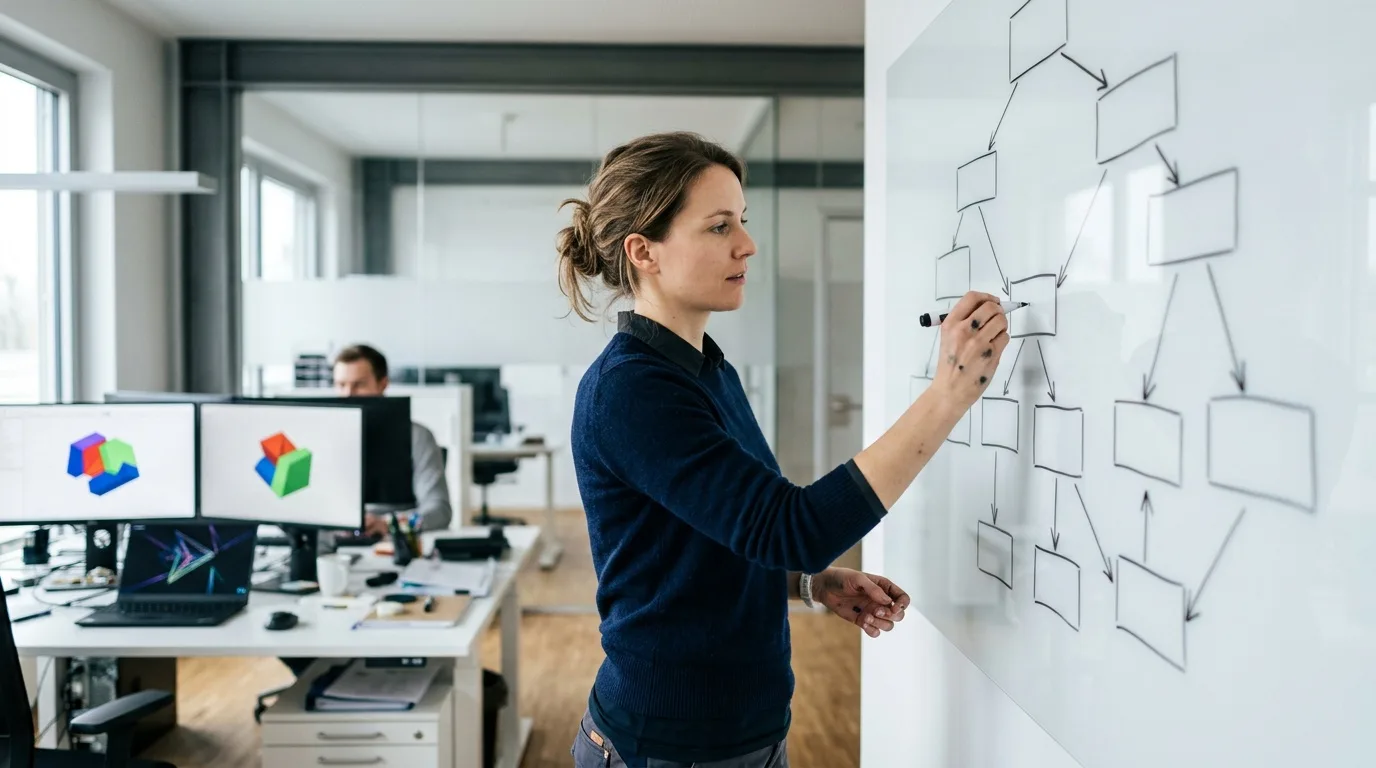 Whiteboard mit einem gezeichneten Entscheidungsbaum aus Produktoptionen und Abhängigkeitspfeilen, davor ein Tablet mit einem 3D-Konfigurator und teilweise gesperrten Auswahlfeldern
