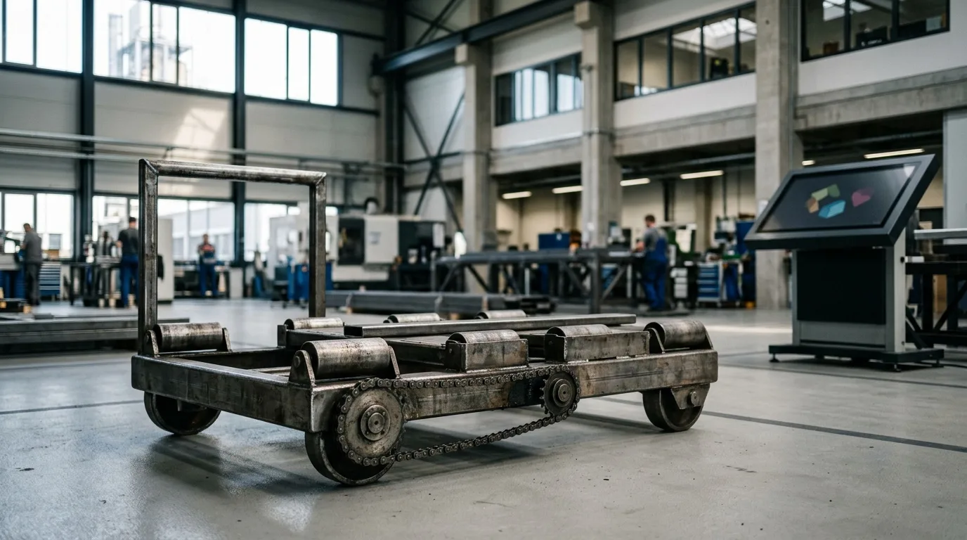 Fotorealistisch gerenderter Schwerlast-Wälzwagen im 3D-Konfigurator mit Auswahl von Baugröße und Kettenwerkstoff
