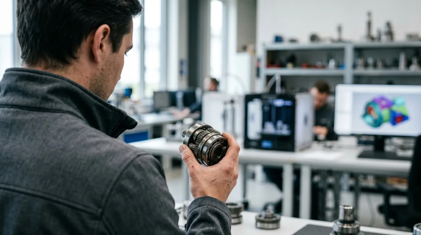 Geteilter Bildschirm mit einer technischen CAD-Konstruktionsansicht eines Maschinenbauteils links und demselben Bauteil als gerendertes 3D-Webmodell im Browser rechts