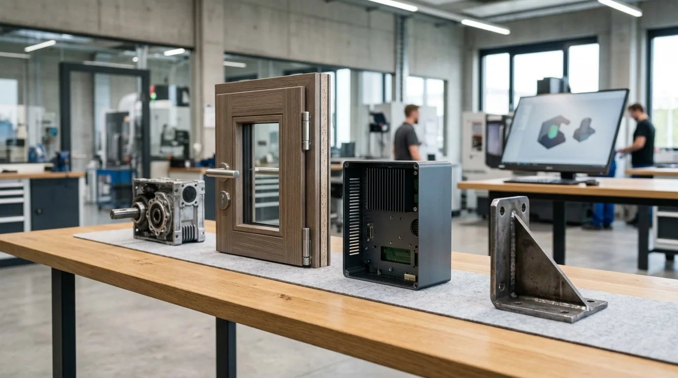 Sammlung unterschiedlicher Industrieprodukte auf einem hellen Tisch: ein Getriebe, ein Türgriff-Muster, eine Platine und ein kleines Regalmodell